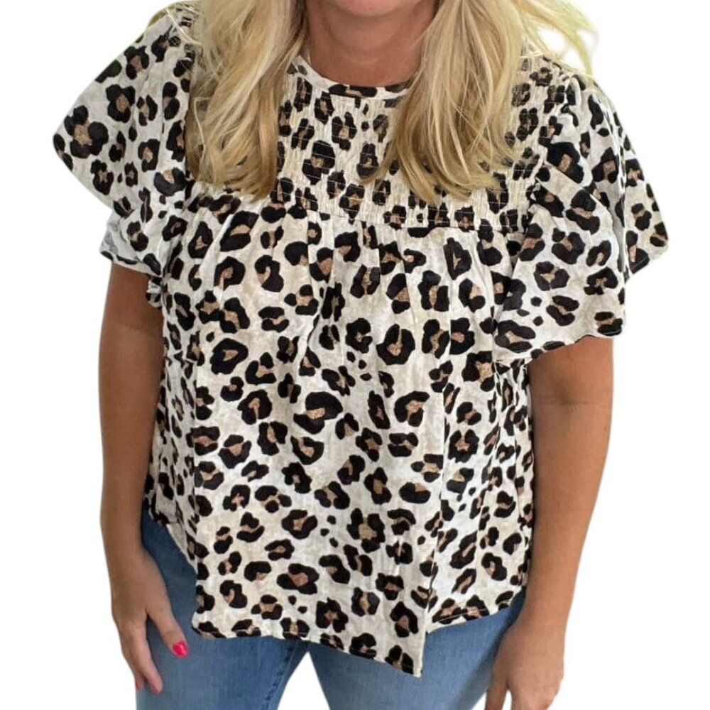 NEW LuLaRoe L Maddy Flutter Sleeve Smock Top Animal Leopard Shirt Short Sleeve